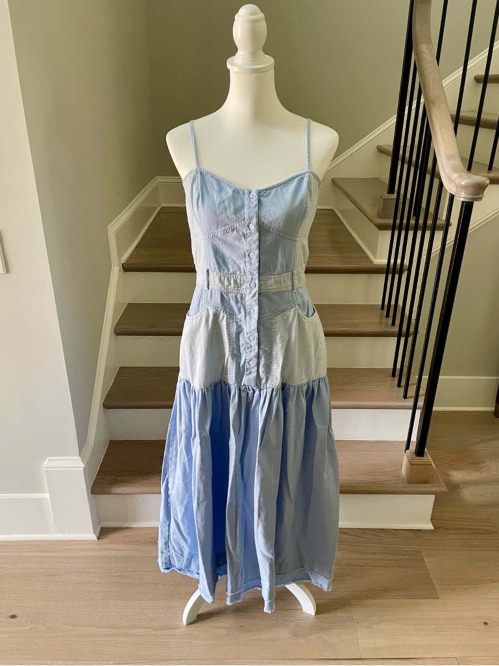 ASOS Ultimate Paneled Denim-Look Tiered Maxi Dress in Blue - Size 8 - Picture 2 of 10